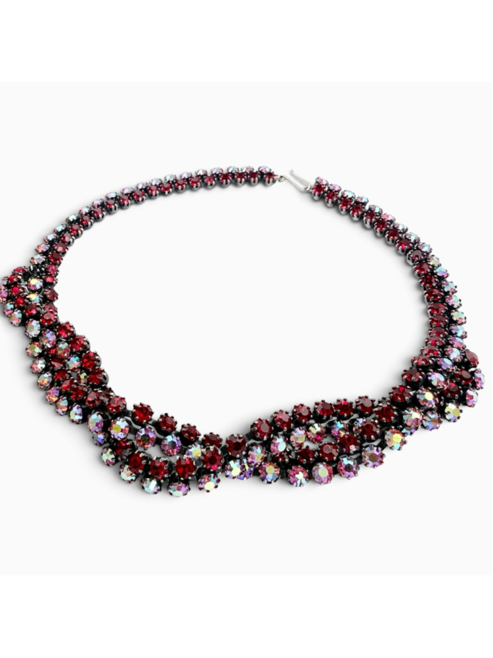 Vintage Kramer Red Aurora Borealis Rhinestone Bib Necklace, unsigned.